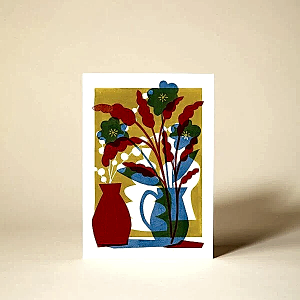 Flora 1 Flowers In Vases Linocut Card
