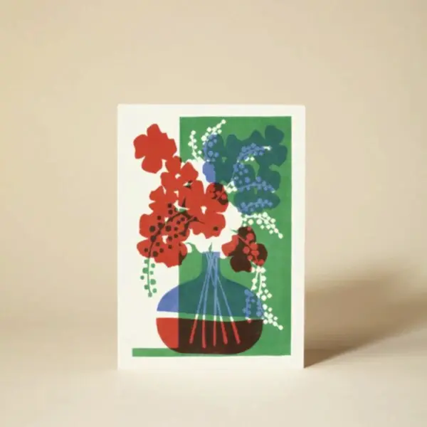 Flora 2 Flowers In Vase Green Linocut Card