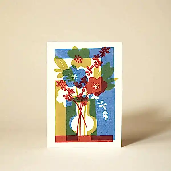 Flora 3 Flowers In Vase Yellow Linocut Card
