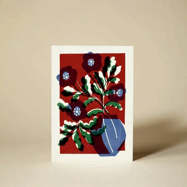 Flora 4 Poppies In Vase Linocut Card