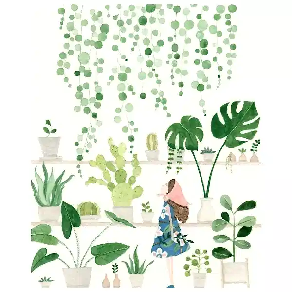 Girl and House Plants Card