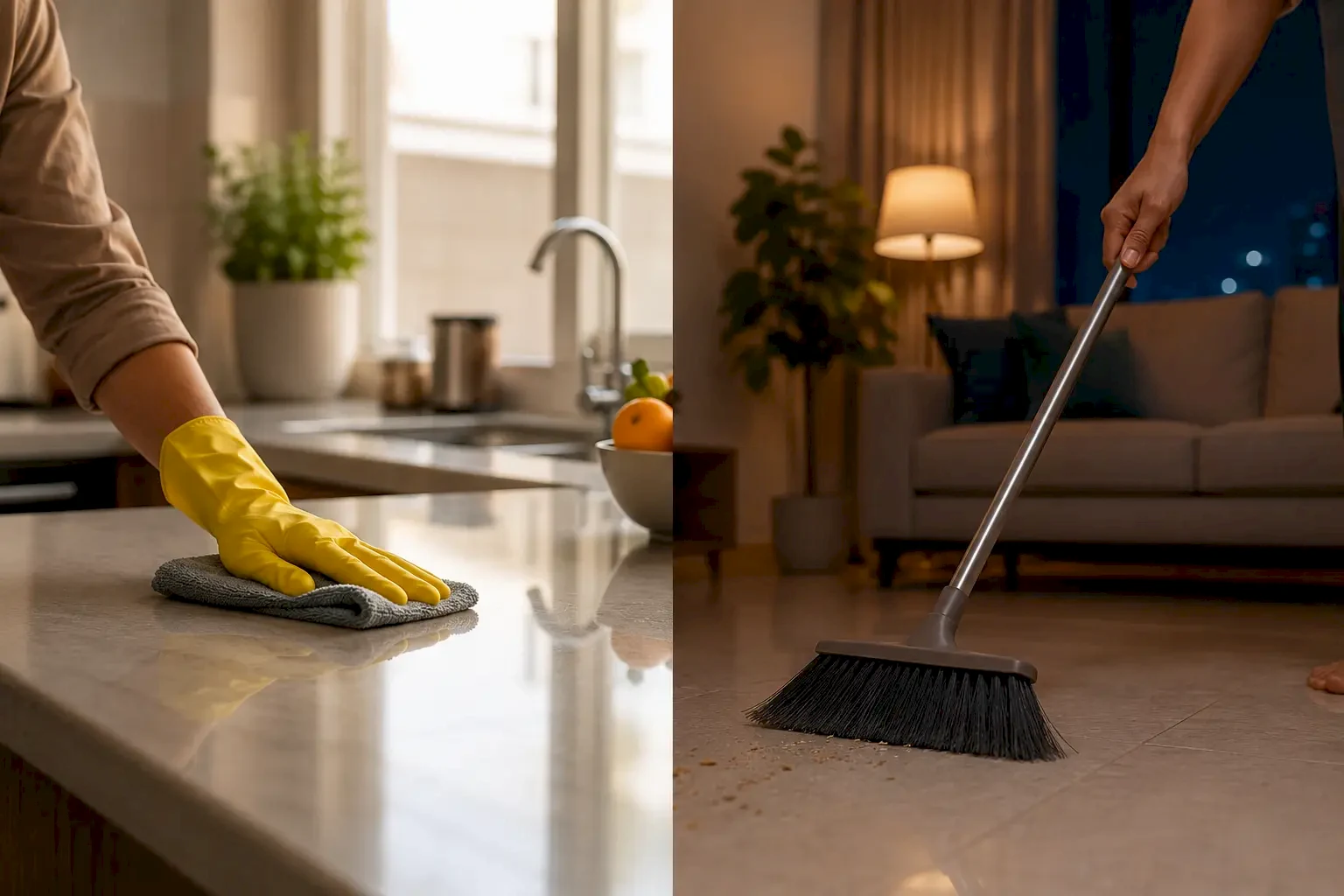 Deep Cleaning Services in BTM Layout deep cleaning services in BTM Layout Morning vs night cleaning comparison showing realistic Indian hands cleaning a modern home in daylight and evening, highlighting morning and nighttime cleaning routines.